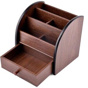 Wood Desktop Organizer with Drawer Office Supply Storage Remote Caddy Holder